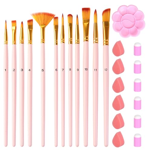 Paint Brushes Set 12 Pcs, Face Paint Brushes and Sponges Set Professional for Oil Watercolor, Miniature Detailing, Artist Paintbrushand, Rock Painting for Kids Adult(Pink) - color: Pink