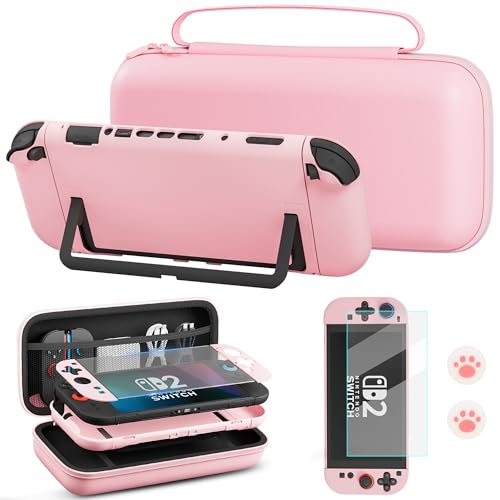 FUNDIARY Pink Travel Carrying Case for Switch 2 with Ergonomic Design, Shock-Absorption Accessories with Portable Storage Bag, Hard PC Protective Covers, Screen Protector & 2 Cute Anti-Slip Thumb Caps - color: Pink