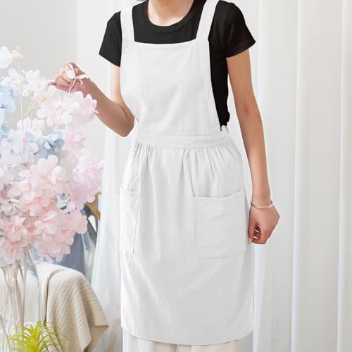 Pinknoke Cute Cotton Pinafore Aprons for Women with Pockets for Kitchen - color: White