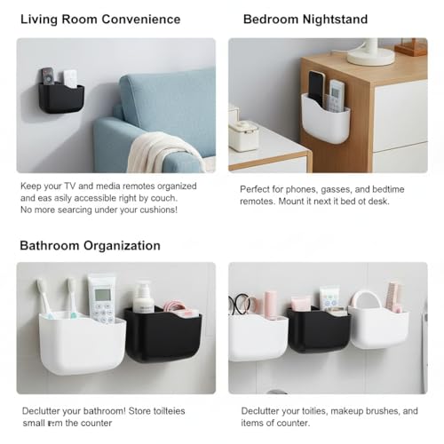 Wall/Bedside Remote Control Holder & Storage Box with Adhesive/Separable Mount - Plastic Media Player & Controller Organizer, Phone Charging Station, for TV Remotes,Stationery - Compact Space-Saving