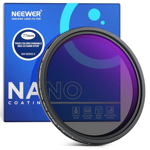 NEEWER 77mm True Colors Hard Stop Variable ND Filter ND2-32 (1-5 Stops) Limited Neutral Density Filter, Multi Coated HD Optical Glass/No X Cross/Aluminum Frame/Water/Scratch/Fingerprint Resistant - size: 77mm