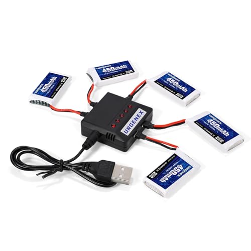 5PCS 3.7V 450mAh Drone Battery 25C 1S Lipo Battery with Molex Plug 5in1 Charger for SYMA Q11 AT-96 TR-C385 TR-P51 TR-F22 H99W H31 H6C H98 Holy Stone HS170G HS170 HS170C HS230 Drone Quadcopter