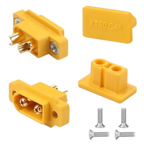 QIANRENON XT60 Male Solder Connector Fixed Mount Plug Gold Plated XT60 Male Panel Mount Soldering Adapter XT60E-M 35A 12AWG, with Dust Cap, for Model Airplane RC LiPo Batterie Drone RC Car, 2Pcs - style: M
