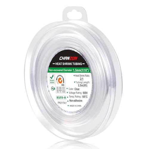 Chanzon 2:1 Ratio 1/16" (1.5mm) Heat Shrink Tubing 8Ft Roll Clear - color: Transparent, size: 1.5mm (1/16") - 8FT