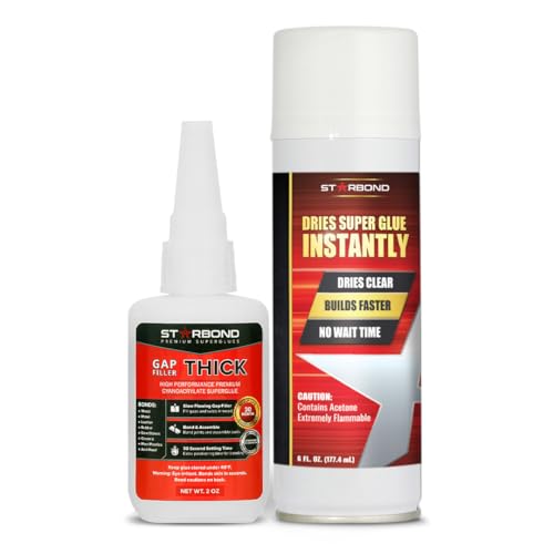 Starbond 2 oz Thick CA Glue with 6 oz Aerosol Activator Bundle Premium Cyanoacrylate Super Glue for Mitre Joint Bonding, Woodworking, Carpentry, Archery Fletching - size: 2 ounce + 6 ounce