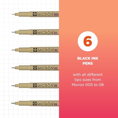 SAKURA Pigma Micron Pen 6 Pack and A4 Sketchbook Black Drawing Bundle