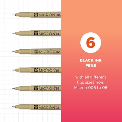 SAKURA Pigma Micron Pen 6 Pack and A4 Sketchbook Black Drawing Bundle