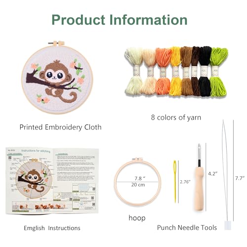 Myfelicity Punch Needle Embroidery Kit, Beginner Craft Set with Animal Pattern Design, 7.9 Inch Hoop (Monkey) - color: monkey