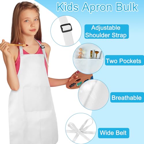 12 Pack Kids Apron bulk with 2 Pockets Adjustable Chef Art Apron Kids Painting Aprons for Cooking Baking Painting Crafting Grilling Activity（White） - color: White, size: 12 PCS
