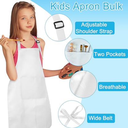 12 Pack Kids Apron bulk with 2 Pockets Adjustable Chef Art Apron Kids Painting Aprons for Cooking Baking Painting Crafting Grilling Activity（White） - color: White, size: 12 PCS