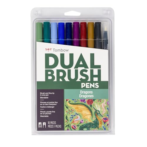 Tombow 56257 Dual Brush Pen Art Markers, Dragons, 10-Pack. Brush/Fine Tips
