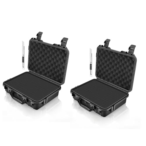 GreenCycle 14.3 x 11.4 x 4.5 Inch Waterproof Hard Case with DIY Customizable Foam Insert Portable Protective Storage Case with Knife for Camera Drones Equipments Tools Test Instruments,Black,2PK