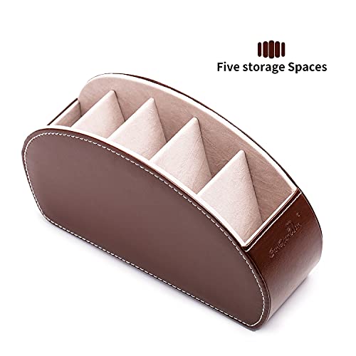 Remote Control Holder , PU Leather Organizer Box with 5 Compartments for Table Bed Office ,Remote Caddy Desktop Storage Home Accessories for Controllers , Media Player ,Make up Brush ,Pen (Brown-A)