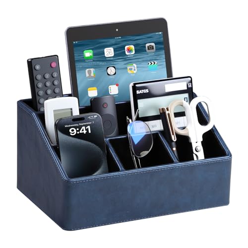 PU Leather Desk Organizer, Remote Control Holder, Dark Blue - color: Dark Blue