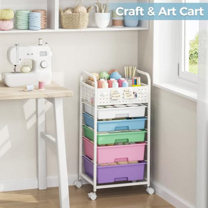 5 Drawer Rolling Storage Cart with Pegboard Top and Hooks, Ice Cream - color: Ice Cream, size: 5-Drawers
