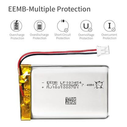EEMB 3.7V 103454 2000mAh Lipo Battery Rechargeable JST 2.0mm 1-Pack - size: 103454(2000mAh) 1pcs