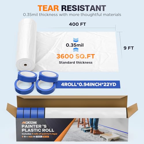 Axgatoxe Plastic Drop Cloth for Painting, Painter's Plastic Sheeting & Tarp - size: 400' Length x 9' Width