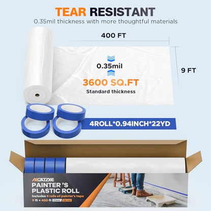 Axgatoxe Plastic Drop Cloth for Painting, Painter's Plastic Sheeting & Tarp - size: 400' Length x 9' Width