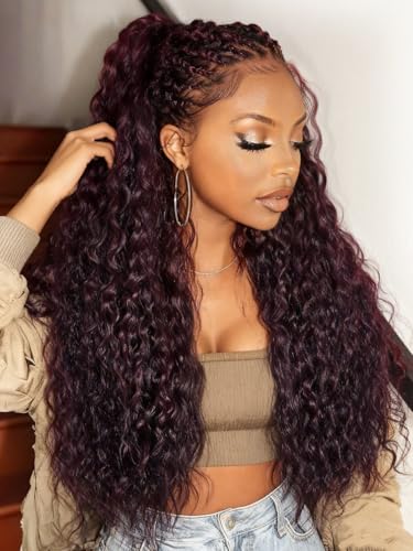 Julia Hair Water Wave 13x4 Lace Front Wig Pre Everything No Slip Wigs 18” - color: 13x4 Glueless Water Wave | Dark Purple Color, size: 18 Inch