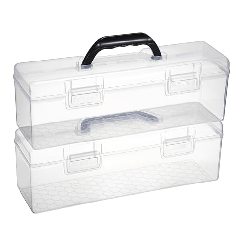 BTSKY 2 PCS Extra Long Plastic Pencil Box Portable Clear Home Utility Boxes with Black Handle Stationery Storage Organizer Utility Painting Tool Storage Container for Marker Sticky-Note Craft Supplies