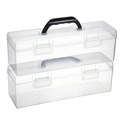 BTSKY 2 PCS Extra Long Plastic Pencil Box Portable Clear Home Utility Boxes with Black Handle Stationery Storage Organizer Utility Painting Tool Storage Container for Marker Sticky-Note Craft Supplies