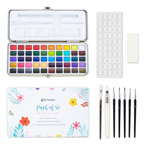 Watercolor Paint Set of 50 Colors - Washable Paint Kit with 7 Brushes