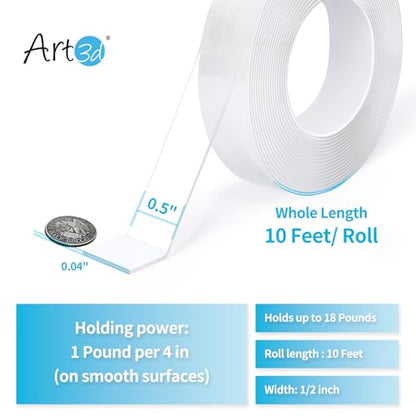 Art3d Traceless Double-Sided Foam Tape, 1/24" x 1/2" x 10', 1 Roll, Crystal - size: 1/24" x 1/2" x 10'