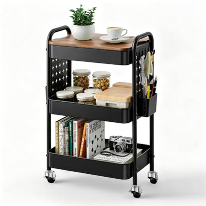 3 Tier Rolling Cart with DIY Pegboard, Metal Utility Cart with Table top - color: Black With Pegboard