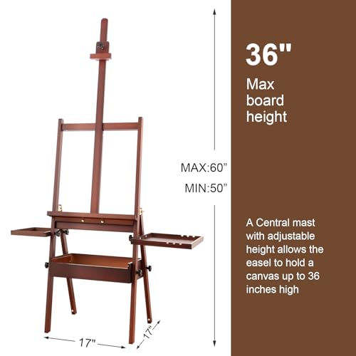 Wooden H-Frame Studio Easel with Storage Drawer and Palettes, Walnut - style: Side Trays Walnut