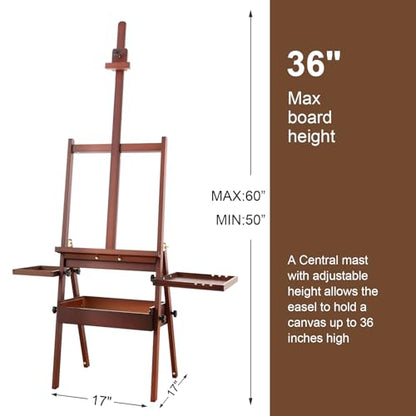 Wooden H-Frame Studio Easel with Storage Drawer and Palettes, Walnut - style: Side Trays Walnut