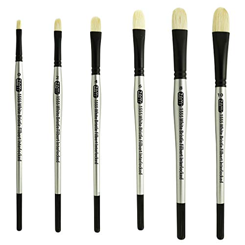 ZEM Brush Interlocked White Hog Bristle Filbert Artist Brushes Oil Paint Set 6 pcs
