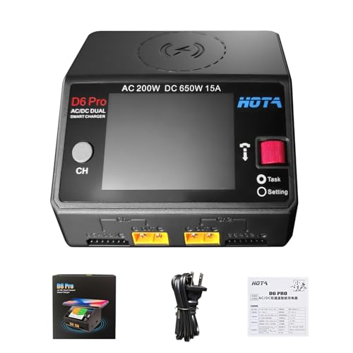 HOTA D6 Pro Lipo Battery Charger Dual Channel Smart Charger AC200W DC650W 15A for LiHv Nicd NiMH Lipo RC Battery Charger with Balance Phone Wireless Charging RC Car RC Boat FPV Race Drone Parts Black - color: Black