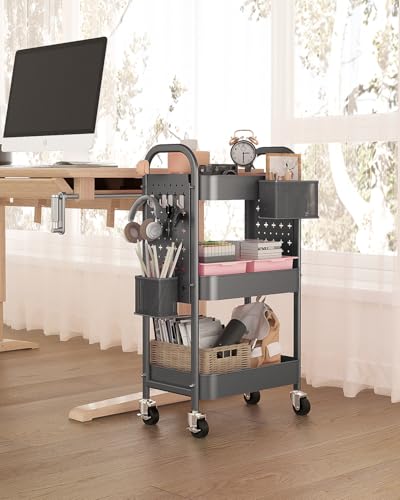 ALVOROG 3 Tier Metal Rolling Utility Cart with Pegboards,Baskets,Hooks,Gray - color: Grey