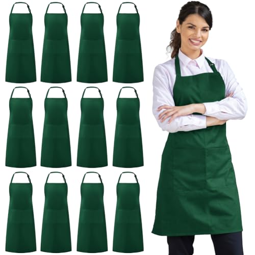 Syntus 12 Pack Apron with 2 Pockets Aprons for Men Women, Polyester, Green - color: Dark Green