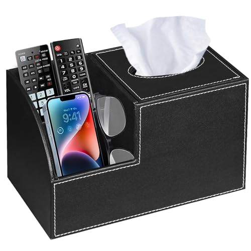 PU Leather Square Tissue Box Cover,Multi-Functional Tissue Cube Box Holder - color: Black
