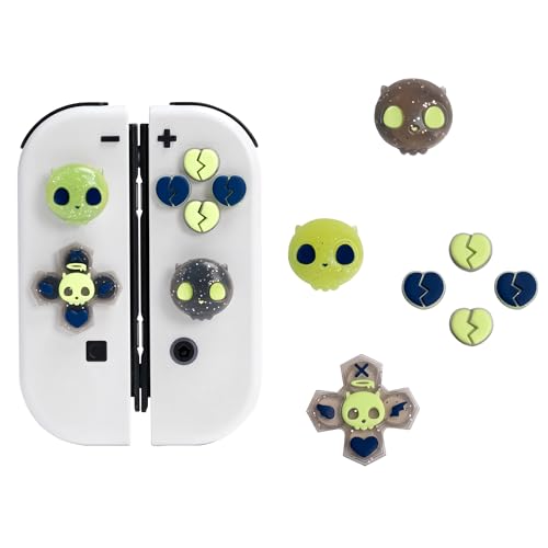 GeekShare Silicone Cross D-Pad Button Caps Set Joystick Cover - Cute ABXY Key Buttons Sticker Compatible with Switch/OLED Joy Con - Black & Green Skull - size: Switch / OLED Green
