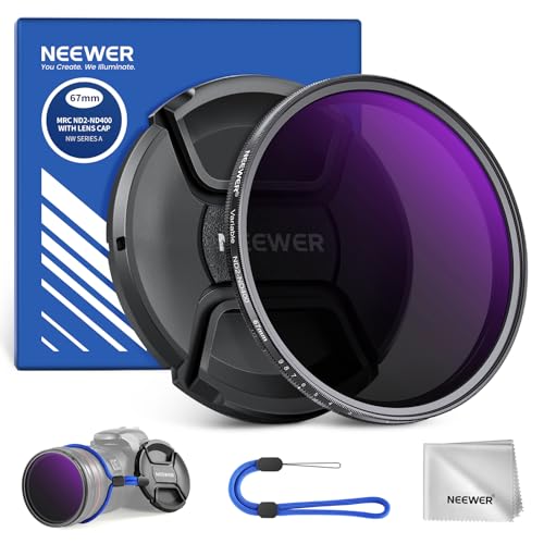 NEEWER 67mm ND2-400 (1-9 Stops) Variable ND Filter with Lens Cap, Lanyard, Cleaning Cloth, Precise Neutral Density Adjustment, Fingerprint & Scratch Resistant Multicoated Optical Glass - size: 67mm, style: ND2-ND400