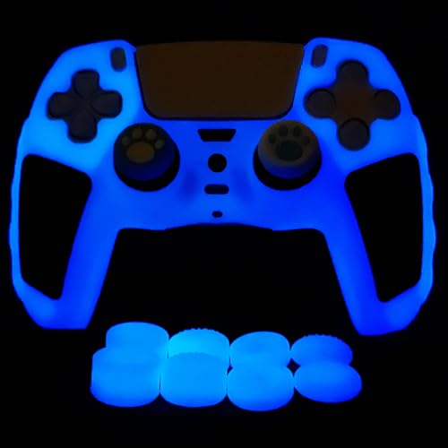 Glow in The Dark PS5 Controller Skin,Blue Anti Slip Soft Thicked Studded Silicone Cover Skins Compatible with PS5 Controller,Include 8 PCS Blue Thumb Grips Glow and 2 Cat Paw Grips Accessories. - color: Glow Blue Black