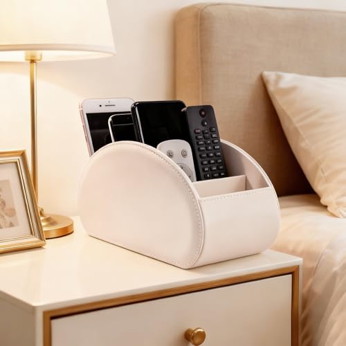 BONNY DODO Remote Control Holders Organizer Box with 5 Compartment PU Leather Multi-functional Office Desk Storage Caddy Store (Begie) - color: Begie