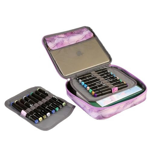Multi-Functional Zipper Pencil ipad case w/Handle and Zippered Pocket - color: Dark Marble Purple