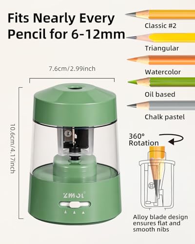 ZMOL Electric Pencil Sharpener Battery Powered, 6-12mm Jumbo Pencils,Green - color: Green