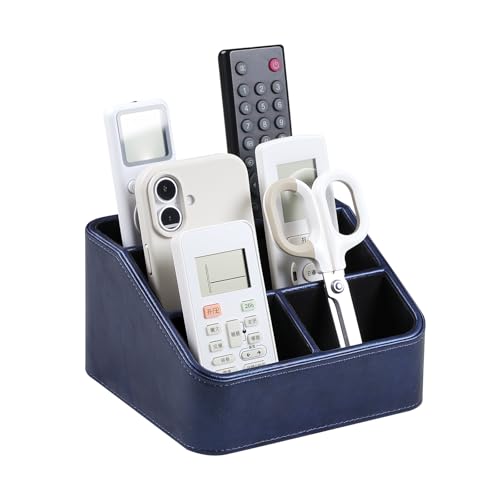 PU Leather Remote Control Holder, Nightstand Organizer with 4 Compartments - color: Navy Blue