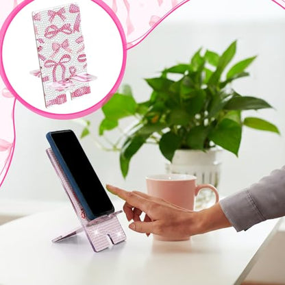 Saillong 6 Pcs Pink Bow Diamond Art Phone Stand, Full Drill DIY Holder - style: Pink Bow