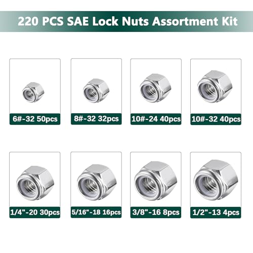 SAE Lock Nuts Assortment Kit, 220PCS Nylon Insert Lock Nut Sets - color: SAE 220PCS
