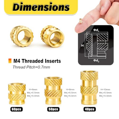 KADRICK 150PCS M4 Heat Set Inserts Kit,M4*(6/8/10mm)*5.5mm with Insert Tip - size: M4 Kit H6-10mm 150Pcs + Tool