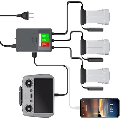 Hanatora Display Parallel Battery Charger with Storage Charge for DJI Mini 4 Pro,Mini 3/3 Pro,Fast Charging Three Batteries,Multi Hub Drone Accessories