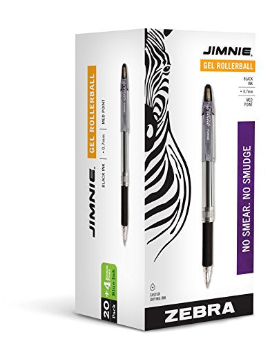 Zebra Pen Jimnie Rollerball Gel Pens, Medium Point 0.7 mm, 24-Count (20 Black, 4 Blue) - color: Blue