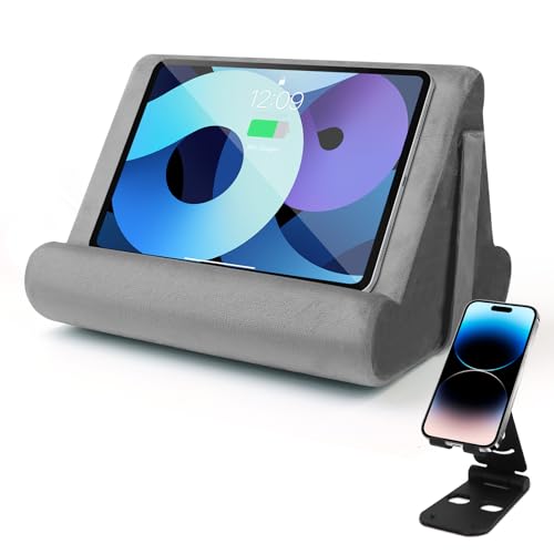 Multi-Angle Tablet Stand with Soft Pad and Net Pocket - Universal Lazy Holder for Lap, Knee, Sofa and Bed(Grey) - color: Grey