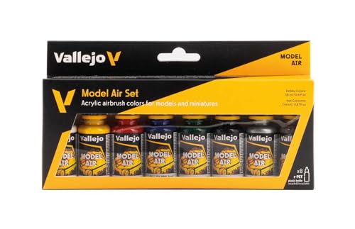 Vallejo - Model Air Basic Colors | Acrylic Paint Set | Pre Thinned Airbrush Ready Formula | 8 Basic Shades | Non-Toxic Water Based Pigments | Professional Grade Finishes - style: Basic Colors