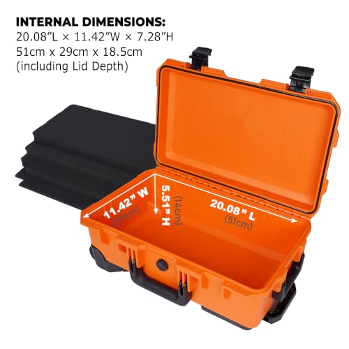 Large Rolling Camera Equipment Hard Case with Custom Foam,Waterproof and Shockproof for Drone,Telescopic Handle, Airplane Approved, 22.05x13.78x9.25in, Orange - color: Orange